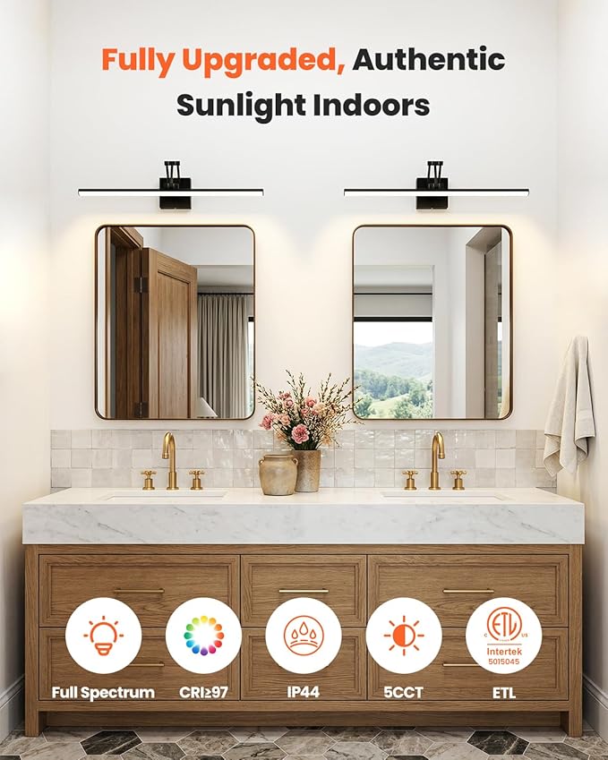Black Bathroom Vanity Light Fixtures, Morden Vanity Lights with LED Lighting Bar, 5CCT&Dimmable Wall Sconce Lamp,16IN Rotatable Bathroom Light Fixture Over Small Mirror For Restroom Bedroom-ETL