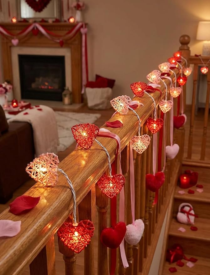 Red and Pink Heart Shape String Lights, 8.5Ft Valentine's Day String Lights with 10 LED Heart Lights, Plug in Hanging Valentines Window Fairy Lights for Indoor Outdoor Wedding Party Valentine Decor