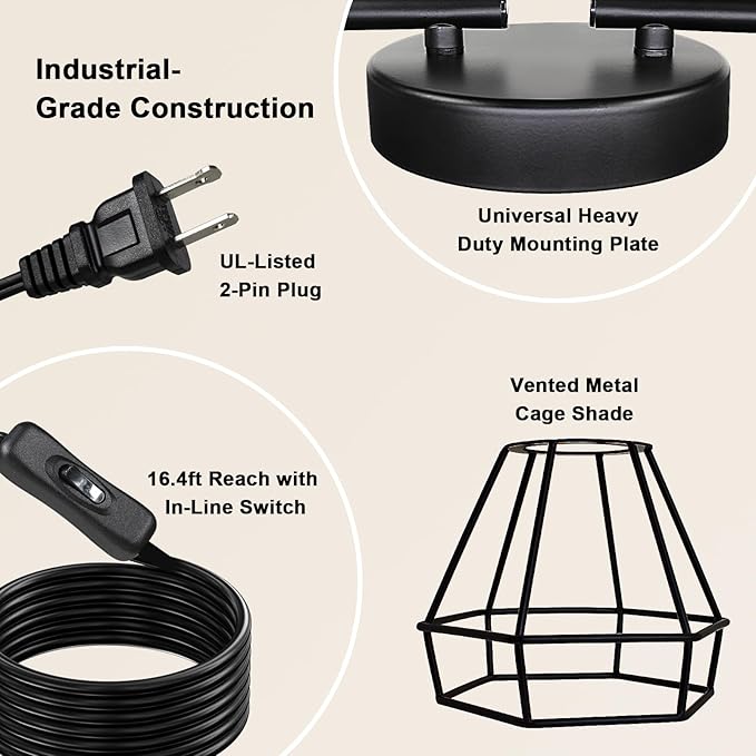 HiBay Plug in Track Lighting, 6-Light Rotatable Ceiling Light Fixture Black, Industrial Plug-in Track Lights with 16.4Ft Power Cord and in-Line On/Off Rocker Switch for Kitchen Living Room Office