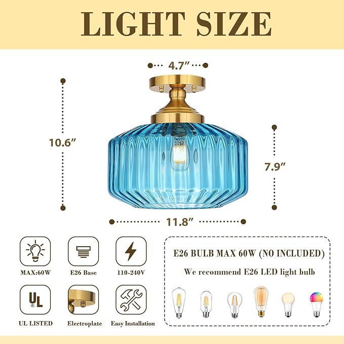 11.8in Semi Flush Mount Ceiling Light Fixture, Vintage Striated Glass Kitchen Lighting Fixtures Ceiling Mount for Entryway Hallway Bedroom Dining Room Bathroom Foyer Laundry (Blue)