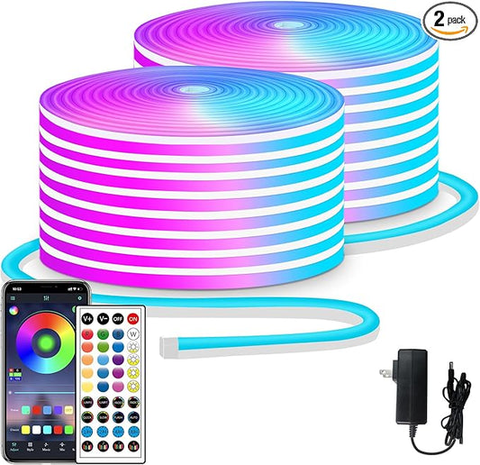 segrass 100ft LED neon Lights with Remote APP Control IP65 Waterproof Flexible Neon LED Strip Lights 24v RGB LED neon Rope Lights for Bedroom Room Outdoors Decor（2 Rolls of 50ft