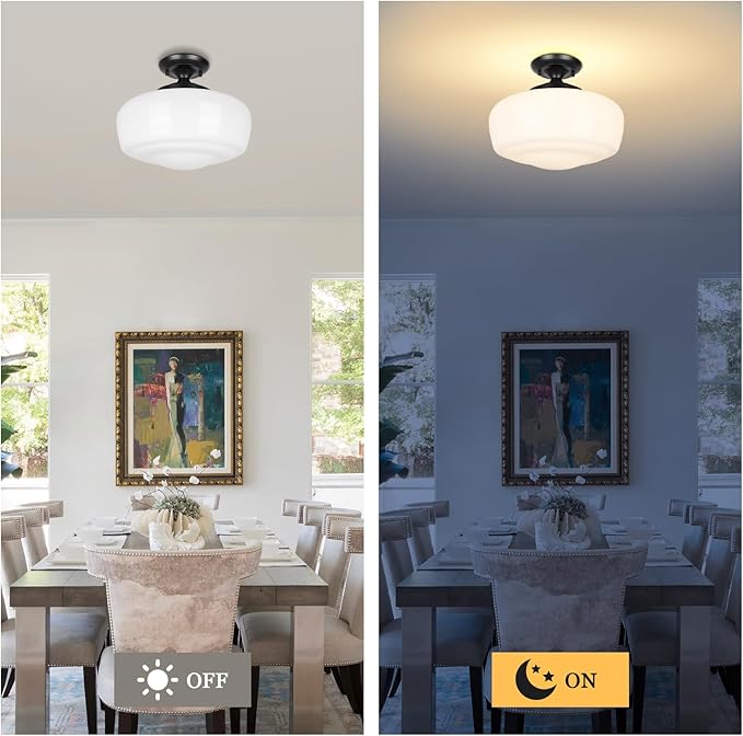 Large Schoolhouse Style Semi Flush Mount Ceiling Light Fixture, 14" Modern Hallway Ceiling Lamp with Opal Milk Glass Shade, Farmhouse Globe Light for Bedroom Kitchen Hallway Entryway Laundry