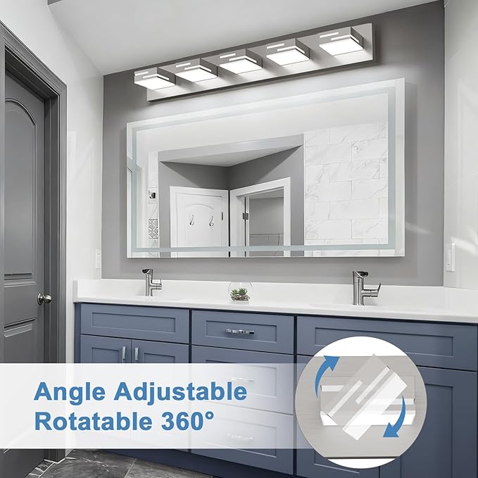 LED Modern Bathroom Vanity Light Fixtures, 5-Light 34-inch Dimmable Brushed Nickel Vanity Lights for Bathroom Lighting Fixtures Over Mirror, with 360° Rotatable Acrylic Heads (Cool White 6000K)