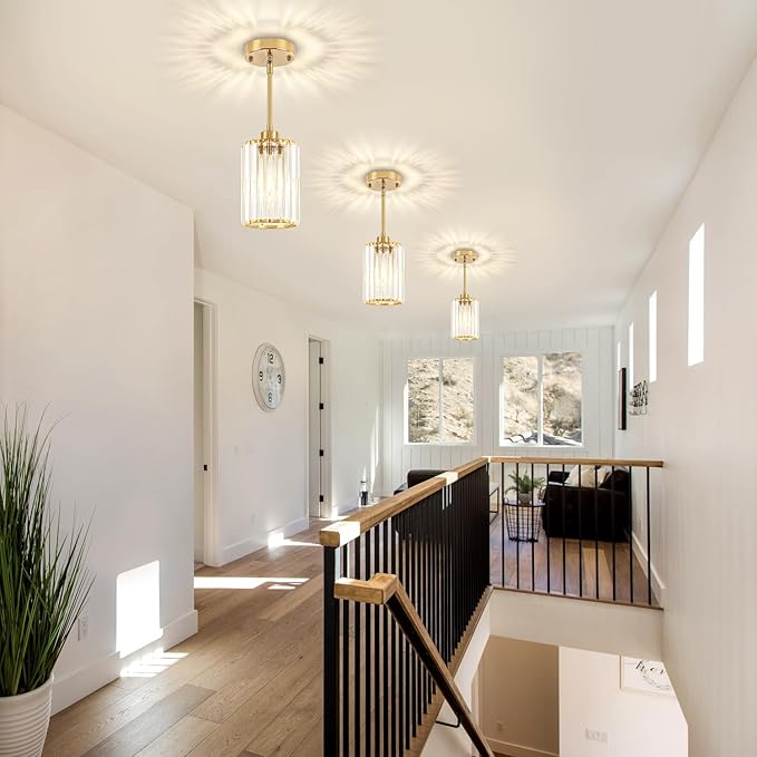 3 Pack Brushed Brass Pendant Lights Kitchen Island, Modern Crystal Pendant Lighting Over Island Kitchen Hanging Light Fixtures Adjustable Pendant Light for Dining Room Bathroom Entryway Hallway Foyer