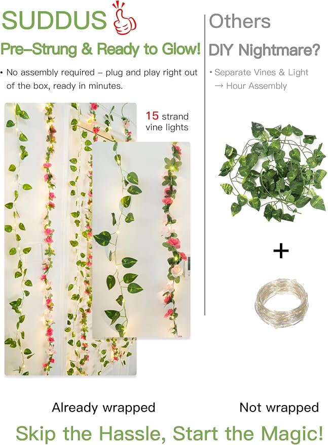 suddus 300 LED Artificial Flower Garland Pothos Vines Curtain Lights, Rose Vines Fairy Lights for Bedroom, Hanging String Lights for Wall, Room, Dorm, Wedding, Party, Indoor Decor 6.8ft x 6.5ft