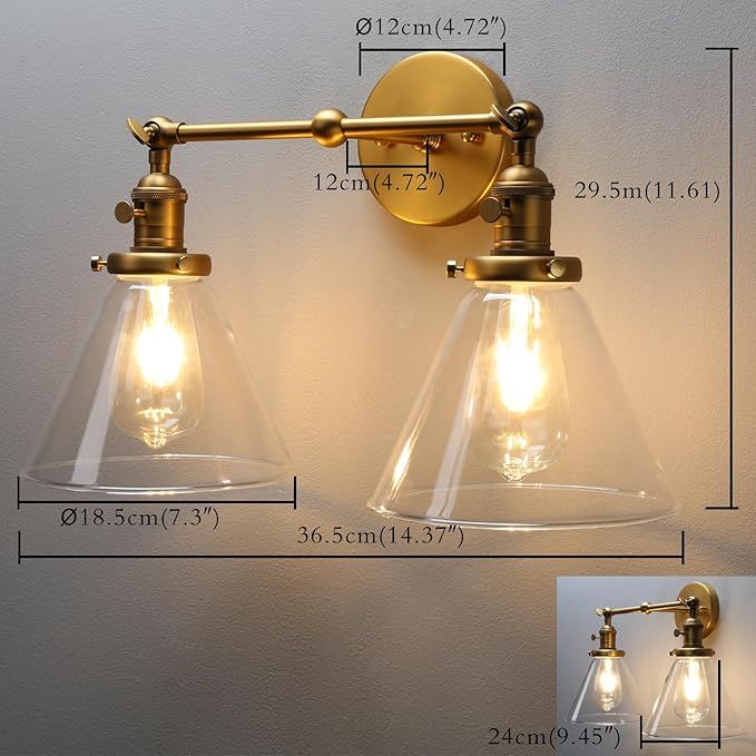 PERMO Double Sconce Vintage Industrial Gold 2-Lights Wall Sconces with Funnel Flared Glass Clear Glass Shade Antique Scocne for Bathroom Living Room Home Office