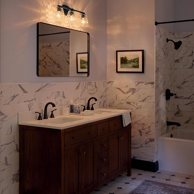 Kichler Marant 21.25" 3-Light Bathroom Vanity Light Fixture with Clear Water Glass in Black, Modern Wall Mount Over Mirror for Powder Room (21.25" W x 9.5" H), 55216BKWTR