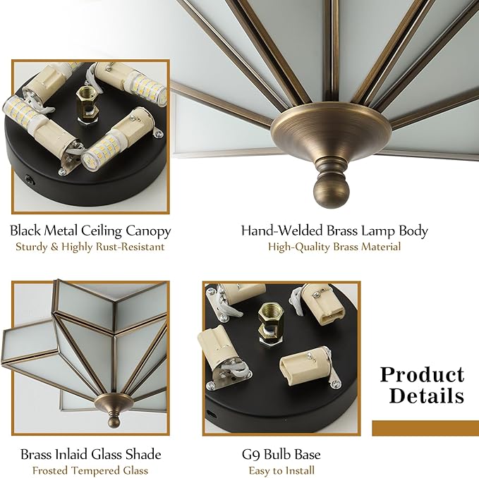 Star Brass Glass Ceiling Light - Small 12 Inch Bronze Black Flush Mount Fixture - Unique Art Deco Vintage Modern Milk Lighting Lights for Bedroom Dining Entry Hall Hallway Outdoor Porch