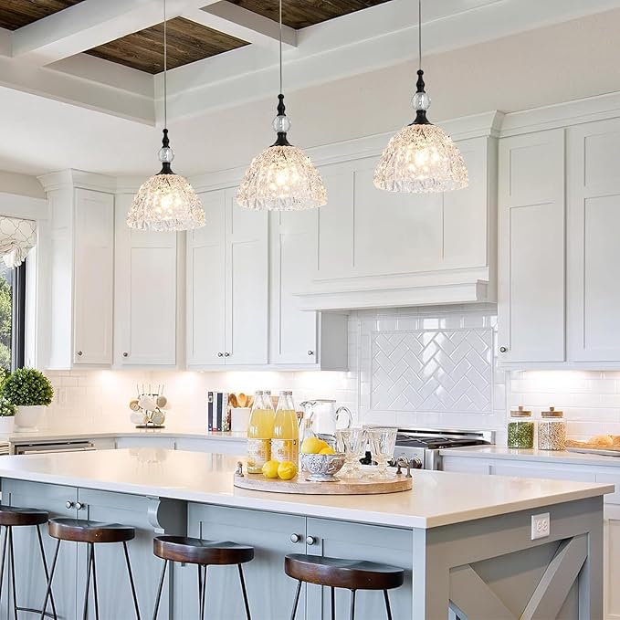 Modern Black Clear Glass Pendant Light 7.68 inch Small Kitchen Island Hanging Light Fixture with Crystal for Sink Bar Dining Room Bedside Set of 3 lámparas colgantes para isla de cocina