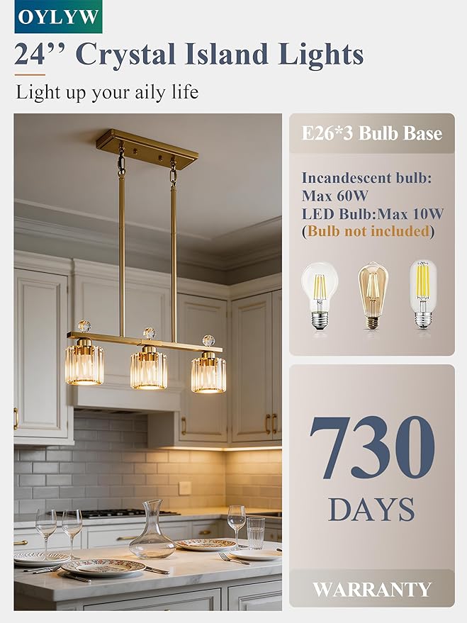 Crystal Island Light for Kitchen Over Table,Gold Linear Pendant Light for Dining Room Light Fixture,3-Lights Ceiling Hanging Chandeliers Dining Room Lighting Fixture with Luxury Crystal Shade