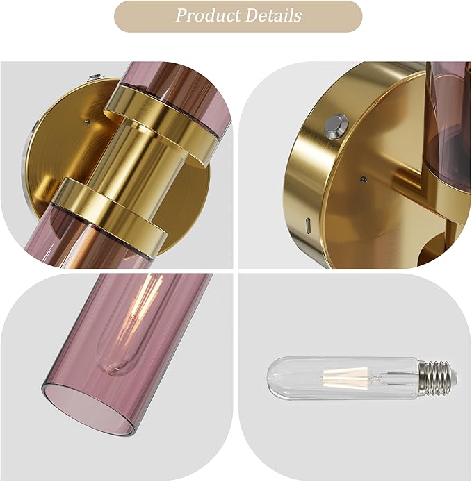 Rayogale Rechargeable Battery Wall Sconce Set of Two, 10000mAh Cordless, Dimmable, Touch Control for Living Room, Bedroom Gold with Wine Red Lampshade (Include 4 Special Bulbs)
