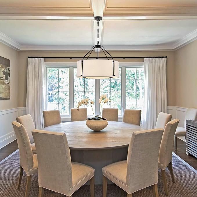 Drum Chandeliers, Modern 23'' Farmhouse Pendant Light Fixture with White Linen Fabric Shade, Black Round Adjustable Hanging Lights for Dining Room Bedroom Kitchen Living Room Foyer Entryway