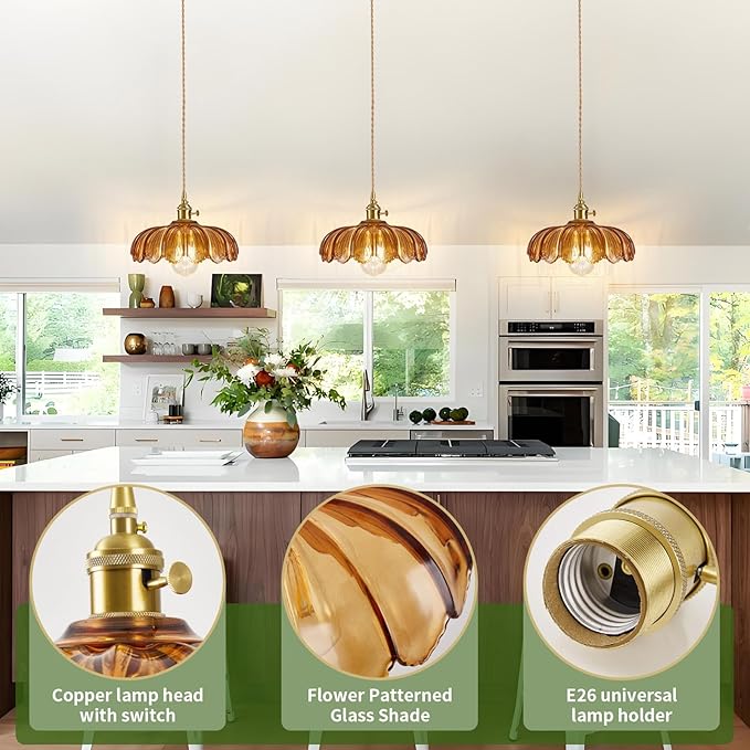 Plug in Pendant Light, Hanging Lights with Plug in Cord, Hanging Light Fixture with Amber Color Glass, E26 Pendant Lighting for Kitchen Island, Bedroom, Dining Room-Browm
