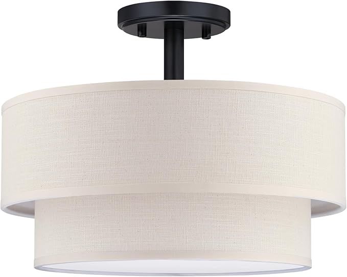3 Lights 12 Inch Semi Flush Mount Close to Ceiling Light Fixture,Cream Fabric Shade Black Finish for Bedroom,Living Room,Dining Room Hallway
