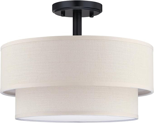 3 Lights 12 Inch Semi Flush Mount Close to Ceiling Light Fixture,Cream Fabric Shade Black Finish for Bedroom,Living Room,Dining Room Hallway