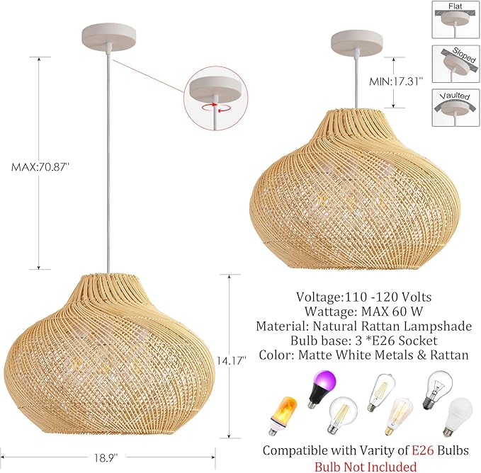 3-Light Rattan Pendant Light,18.9" Round Hanging Light,1-Pack Wicker Pendant Light Hand-Woven Rattan Chandelier for Workplace Dining Living Bedroom Kitchen Farmhouse