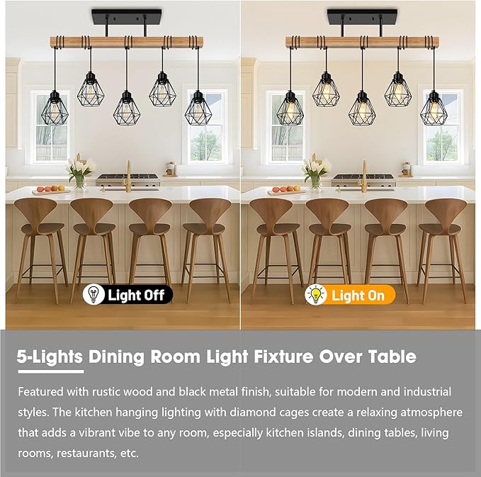 5-Lights Farmhouse Hanging Pendant Light, Dinng Room Light Fixtures for Kitchen Island Lighting Over Table, Black Rustic Wood Ceiling Pendant Lights with Metal Shade for Living Room, Foyer