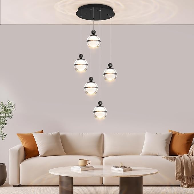 5-Light Black Chandelier, Modern Chandeliers for High Ceilings Globe LED Hanging Light Chandelier for Staircase Foyer Living Room Entryway Dining Room 3000K