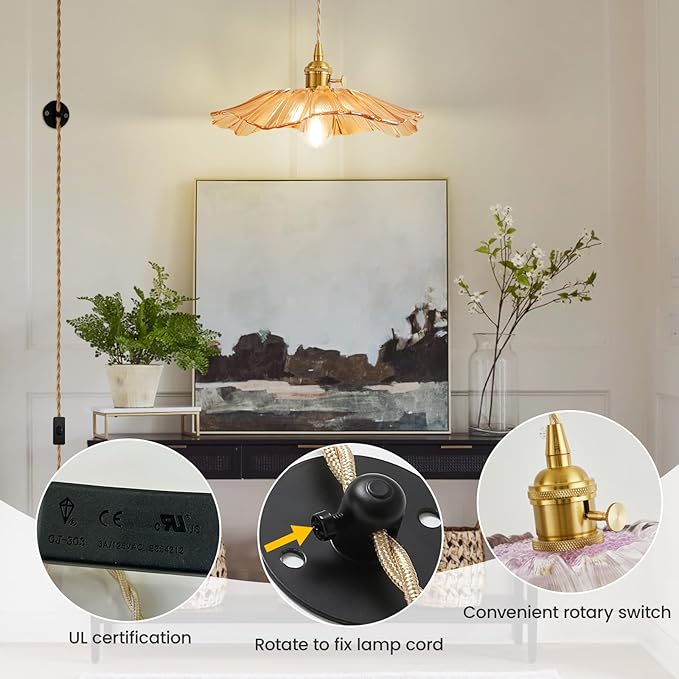 Plug in Glass Pendant Lights Kitchen Island Brass Glod Vintage Hanging Light Fixture Flower Light for Bedroom Kitchen Hallway Corded On/Off Switch Bathroom Amber Sunflower