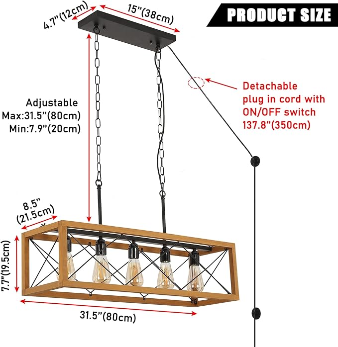 Rustic Kitchen Light Fixtures, Farmhouse Chandelier with Detachable Plug in Cord for Dining Room, Pool Table, Wood Linear Rectangular Pendant Light Fixtures Ceiling Hanging Black