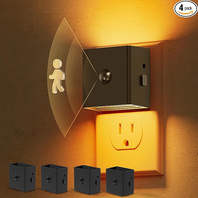 L LOHAS LED Motion Sensor Night Light, [4-Pack] Motion Activated Night Light, Motion Sensor and Dusk to Dawn Sensor, Brightness Adjustable,Amber Nightlight for Bathroom Hallway Kitchen