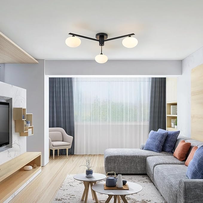 Semi Flush Mount Ceiling Light Fixture, Mid Century Modern 3-Light 22.5" Lighting Fixtures Ceiling Matte Black Ceiling Lights for Bedroom, Entryway, Hallway, Kitchen, Dining Room & Living Room