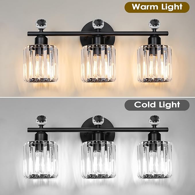 Modern 3 Light Crystal Vanity Light,Black Vertical Bathroom Light Fixture Over Mirror for Dressing Table Sink,Crystal Bathroom Light Fixtures,Compatible with Dimmable Bulbs (Bulbs Not Include)