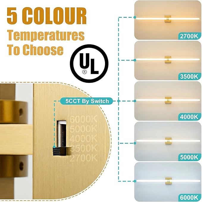 Bathroom Light Fixtures,Gold 40W LED 360° Full Lighting Modern Wall Sconce Vanity Light with 5-Color Dimmable 3000K-6000K, 45.28inch Vanity Lighting for Bath, Powder Room, Bedroom, Hallway