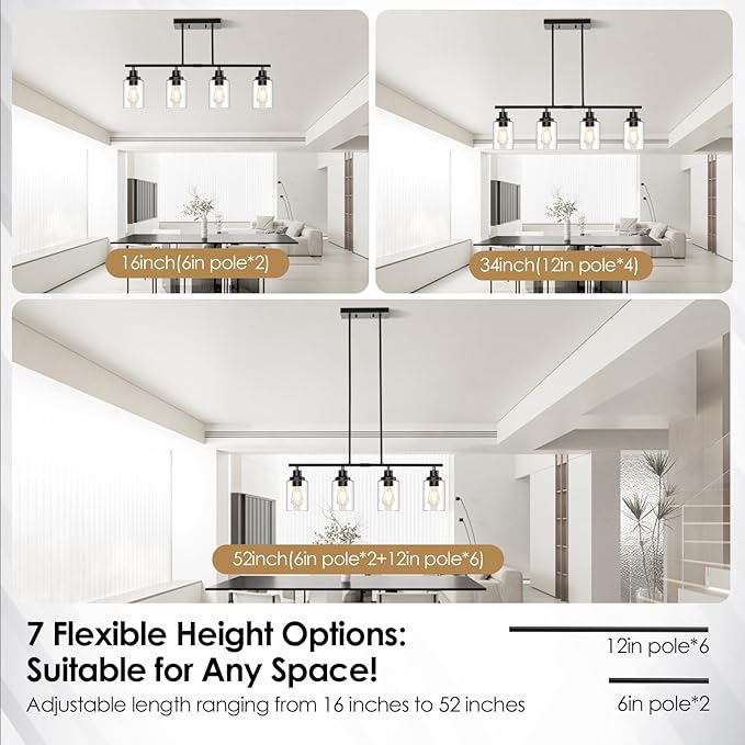 Dining Room Light Fixture, 4-Light Industrial Black Chandeliers for Dining Room, Height-Adjustable Dining Room Light Fixtures Over Table, Dining Room Chandelier Clear Glass Shade for Kitchen Island