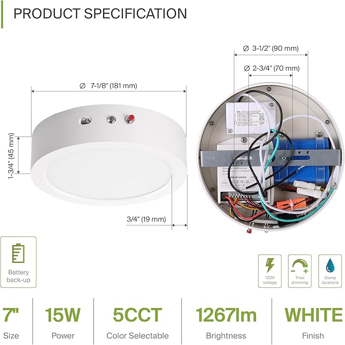 ASD LED 7" Round Flush Mount Ceiling Light Fixture, Low Profile Surface Lighting | 5CCT, Dimmable, Battery Backup, ETL Listed | 15W 1200LM 2700-6000K 120V | Kitchen, Bedroom, Hallway Lamp | White