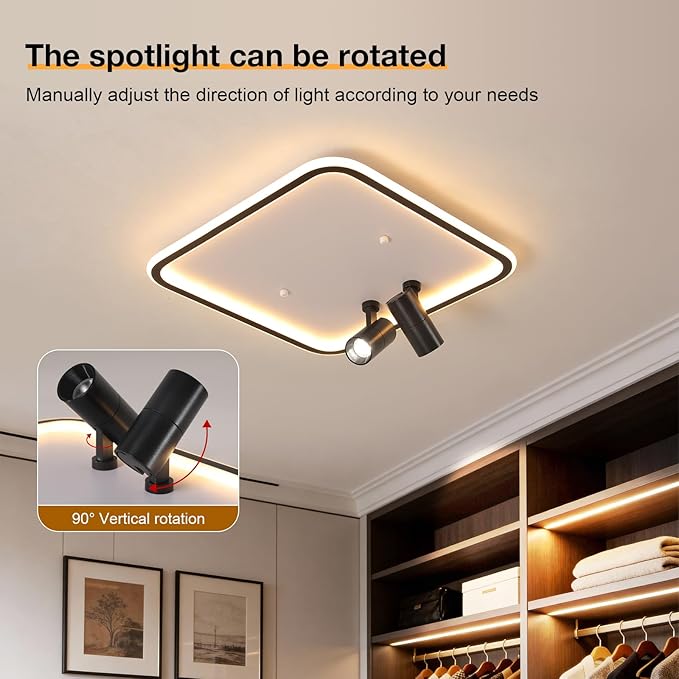 Modern Square LED Flush Mount Ceiling Light Fixture, 2 Adjustable Spotlights, Black Frame White Shade Minimalist Lighting for Living Room Bedroom Kitchen