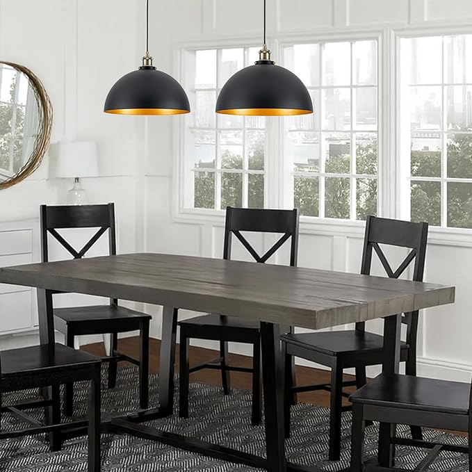 13.78" Modern Industrial Black Pendant Light 2-Pack Vintage Farmhouse Black Gold Pendant Light Fixture Dome Golden Pendant Lights for Kitchen Island, Dining Room, Bedroom, Hallway, Entryway