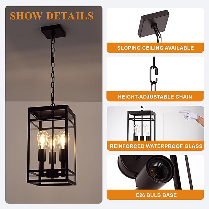 VINLUZ 3-Light Outdoor Pendant Light with Adjustable Chain, 16" Oil Rubbed Bronze Outdoor Hanging Light Fixture, Exterior Linear Hanging Lantern Chandelier for Entryway, Patio, Garden, Front Door