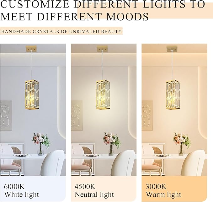 Pendant Lights Kitchen Island, Modern Golden Pendant Light Fixtures, Mini Crystal Chandelier, Adjustable Hanging Lights Fixture for Dinning Room Over Table Bedroom