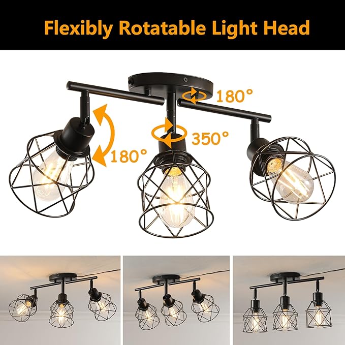 Dimmable Black Plug in Track Lighting Kit,3 Light Plug in Ceiling Light with 16.5' Cord,Flexibly Rotatable Light Head,Modern Industrial Farmhouse Style(Bulbs Not Included)