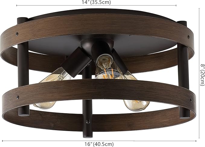 JONATHAN Y 16" Dark Brown Wood and Oil Rubbed Bronze 3-Light Iron Flush Mount, Farmhouse Industrial Round Ceiling Light for Kitchen Bedroom Hallway, LED Bulbs Included JYL1305A