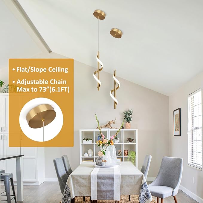 CANEOE Gold Pendant Light, Spiral Modern Led Pendant Lighting for Kitchen Island, 5500K Brushed Brass Ceiling Hanging Light Fixture for Dining Room Bedroom Sink Table Small Pendant Lights