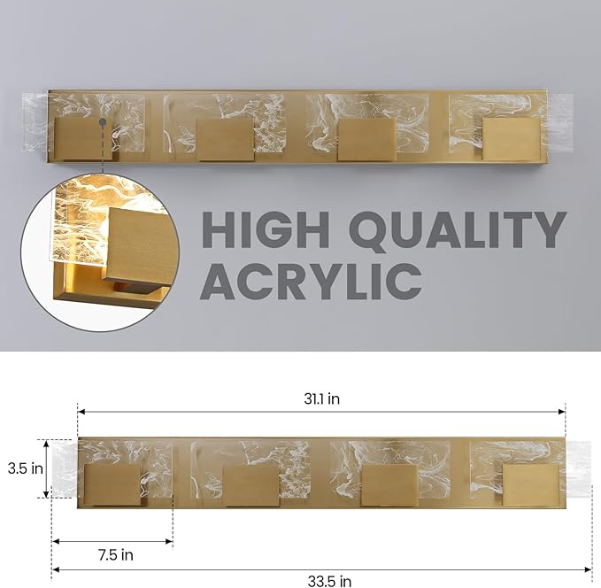 LED Bathroom Vanity Light: 32 inch Brushed Gold Acrylic Modern Lighting Fixtures - 4 Lights Contemporary Smoke Design Wall Lights Fixture Over Mirror 3000K