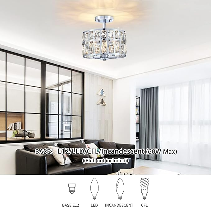 MEXO Farmhouse Crystal Round Semi Flush Mount Modern Close to Ceiling Light Fixture, Cylinder Drum Shade Ceiling Lights 3LT Ceiling Lamp for Kitchen Island Dinning Room Bedroom