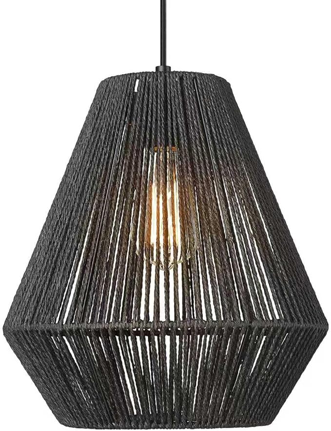 ELYONA Modern Woven Pendant Light Fixtures 11.8" Farmhouse Coastal Hanging Lamp Matte Black Handwoven Rattan Basket Shade Boho Pendant Light for Kitchen Island Dining Room Bar Bedroom Foyer Hallway