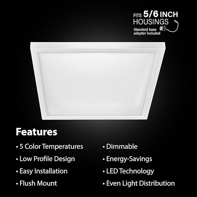 Feit Electric 7.5 Inch LED Square Ceiling Light, Dimmable Flat Panel Light with Color Selection (5CCT), Fits 5/6 Inch Recessed Cans, TP24 Adapter Included (7.6"x 7.6"x 1.3"), 4 Pack, 74208/6WYCA/4