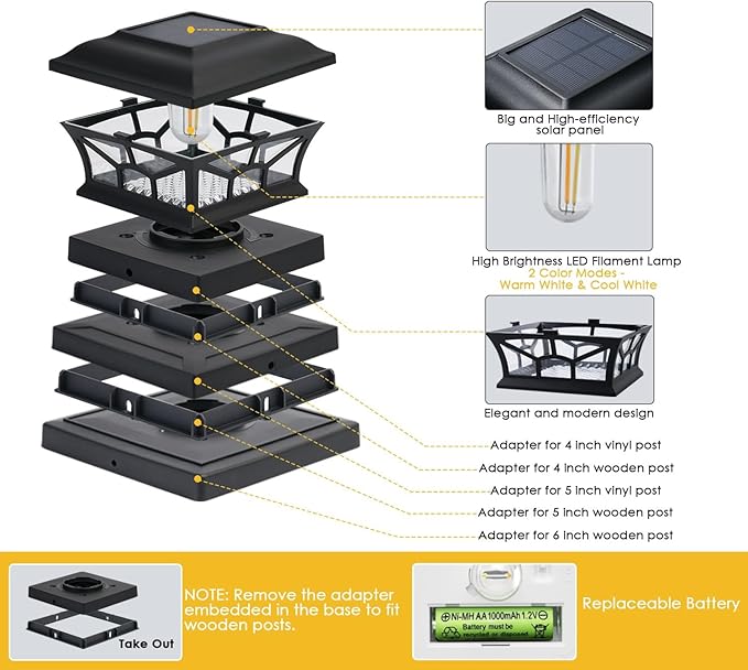 2 Pack Solar Post Cap Lights Outdoor Waterproof, Fits 4x4, 5x5, 6x6 Wooden & Vinyl Fence Decks with Warm & Cool White Light Modes (Classic Black, 2)