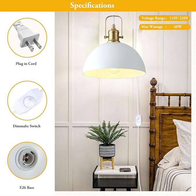 Plug in Pendant Light, Matte White and Gold Finish Haning Light with 19.68 Ft Cord, Dimming Switch, Metal Farmhouse Hanging Lamps for Living Room, Kitchen, Dining Room, Bedroom 9.84"