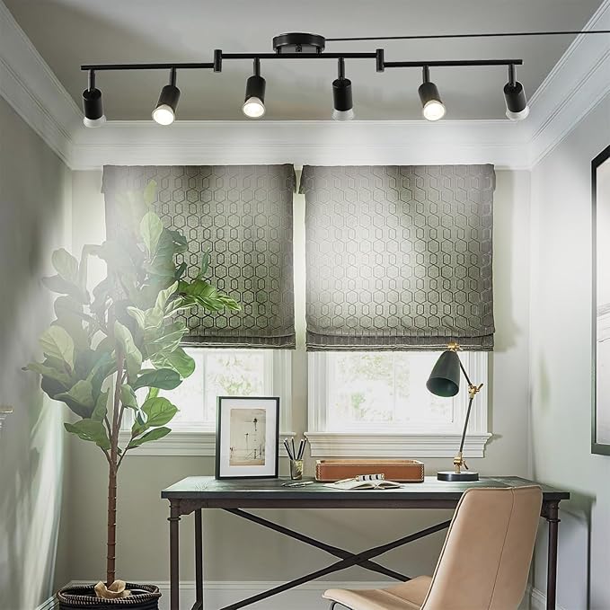 Dimmable 6 Light Black Plug in Track Light White Plug in Ceiling Lighting Fixture with 16.4' Long Cord,6 Way Ceiling Spotlight,Rotatable Wall Mount Light Head,LED dimmable Spot Bulbs Included