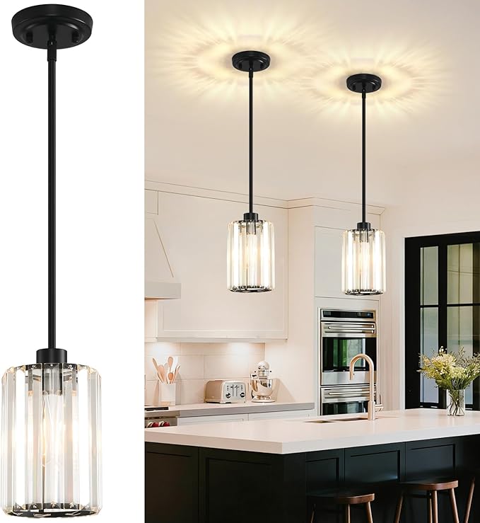 2 Pack Pendant Lights Kitchen Island, Modern Black Pendant Light Fixtures, Mini Chandelier Crystal Kitchen Island Lighting, Hanging Pendant Lights Fixture for Kitchen Island Dining Room Hallway Foyer
