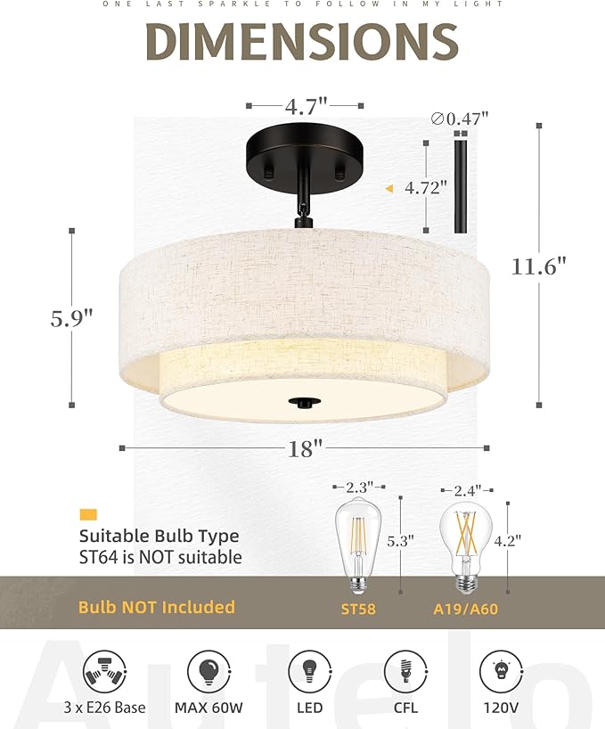 AUTELO Black Semi Flush Mount Ceiling Light, 3-Light 18" Flush Mount Ceiling Light in Black Finish with Drum Fabric Shade for Hallway Bedroom Kitchen, C2506 BK-18