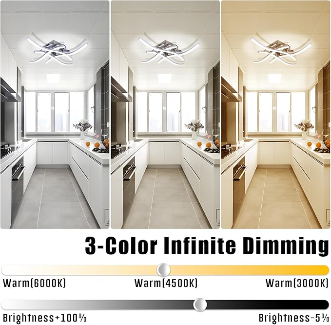 36W Modern LED Ceiling Light Fixture, 19.7Inch Curved Wave Ceiling Lamp with Remote for Bedroom, Kitchen, Hallway, Foyer Library Dining Room Silver 6000K Modern Ceiling Light Fixture