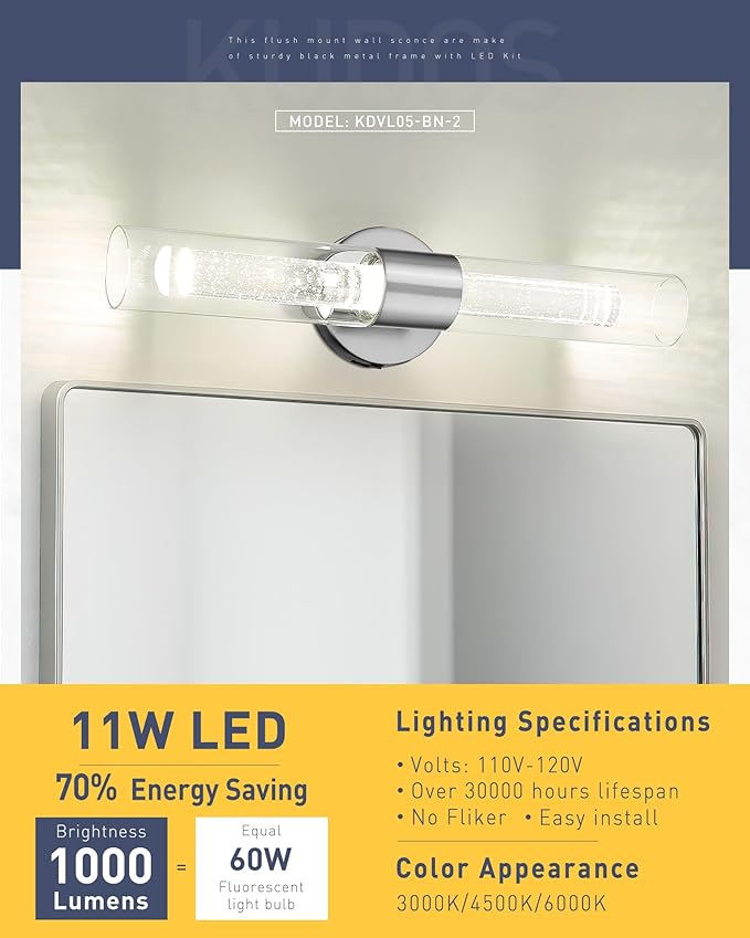 kudos Brushed Nickel Modern Sconces Wall Lighting,2 Pack LED Bathroom Vanity Light Fixtures with Crystal Bubble and Clear Glass, 3000K/4500K/6000K Adjustable, KDVL05-BN-2-2PK