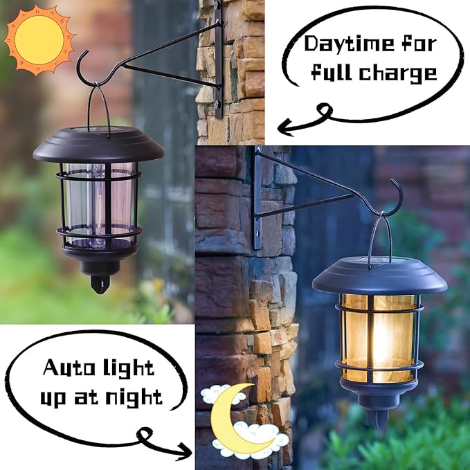 Dynaming 4 Pack Solar Lanterns Outdoor, Hanging Lantern Solar Garden Lights with Edison Bulb, Wall Mounted LED Light Auto On/Off, Waterproof for Garage Stair Patio Front Porch Yard, Warm White