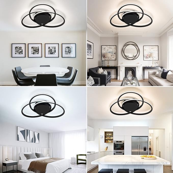 MADEM Room Decor 23.6'' Modern LED Ceiling Light Dimmable Flush Mount for Bedroom Black LED Chandelier Close to Ceiling Light for Living Room Dining Room Kitchen Hallway, 38W 3000K-6000K